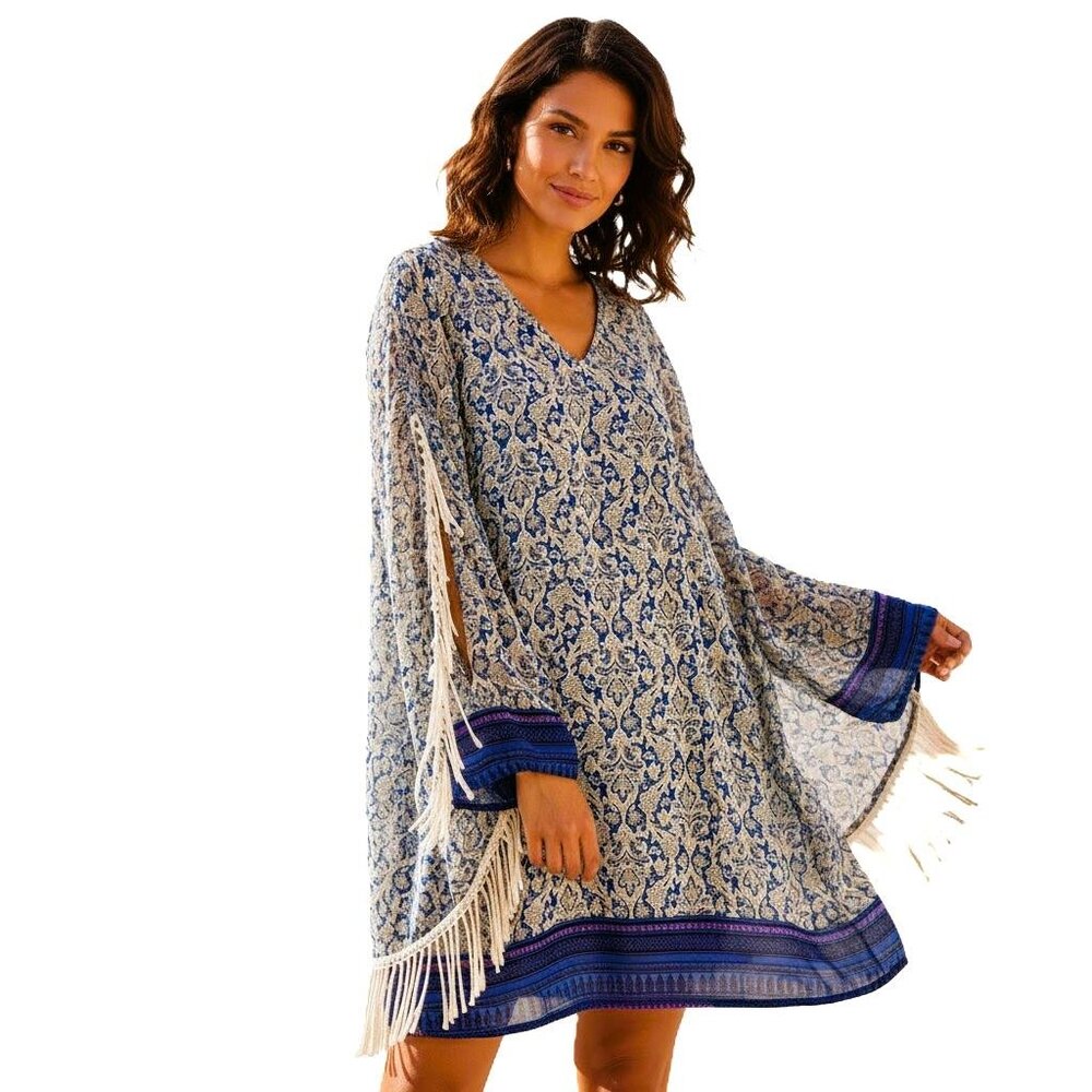 Umgee Blue Paisley Boho Tunic Dress with open Fringe Sleeves Women's Medium